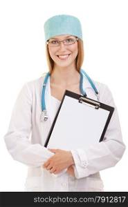 Attractive Female Doctor or Nurse Standing with Stethoscope and Note Pad