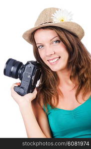 Attractive female photographer on white