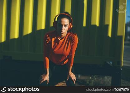 Attractive female runner taking break after jogging outdoors