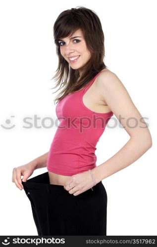 attractive girl after becoming thin by a diet a over white background