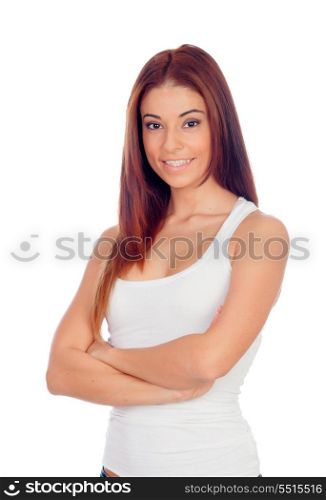 Attractive girl arms crossed isolated on a white background