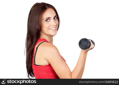 Attractive girl doing gymnastic with weights isolated on white background