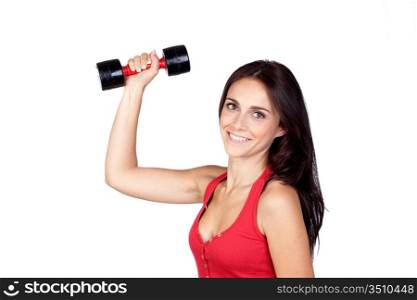 Attractive girl doing gymnastic with weights isolated on white background