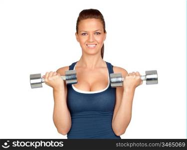 Attractive girl doing gymnastics with weights isolated on white background