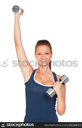 Attractive girl doing gymnastics with weights isolated on white background