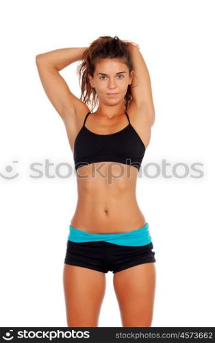 Attractive girl doing stretching arms isolated on a white background