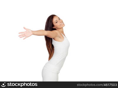 Attractive girl dressed in white isolated