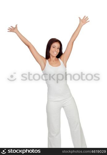 Attractive girl dressed in white isolated