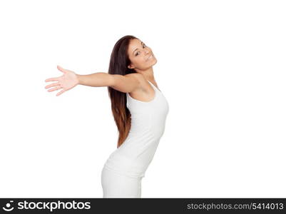 Attractive girl dressed in white isolated