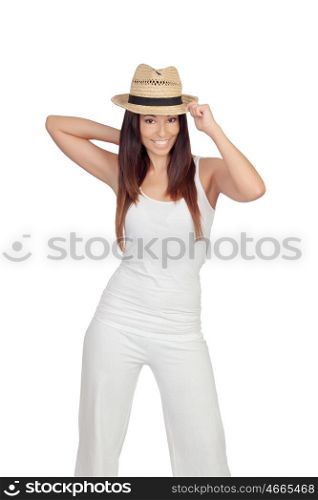 Attractive girl dressed in white with straw hat isolated