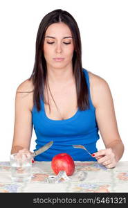 Attractive girl eating a apple isolated on white background