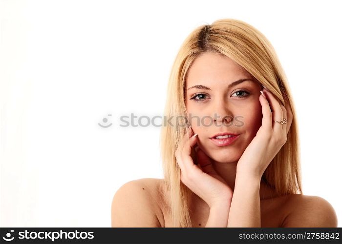 attractive girl holding hands on face. studio shot