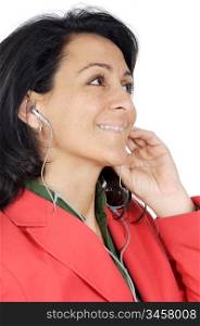 attractive girl listening music with earpieces a over white background