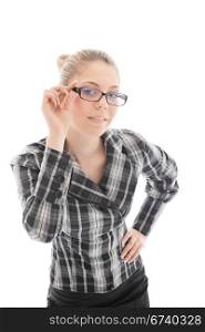 attractive girl looks through glasses. studio shot