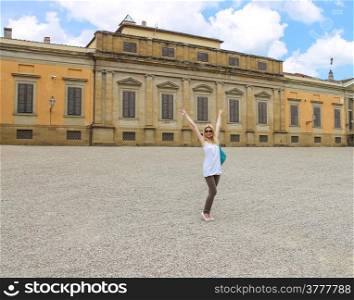 Attractive girl near the Palazzo Pitti in the Boboli gardens, are one of the most famous works of landscape art of the XVI century. Florence, Italy
