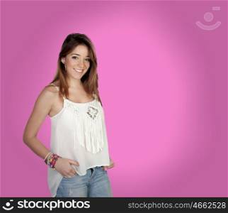 Attractive girl on a over pink background