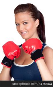 Attractive girl practicing boxing isolated on white background