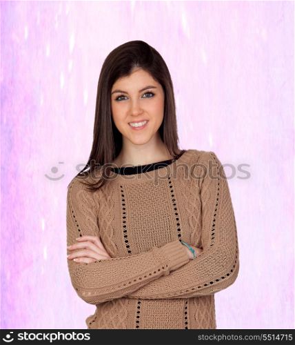 Attractive girl smiling isolated on a irregular pink background
