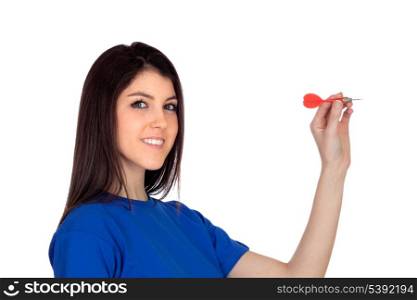 Attractive girl smiling throwing a dart isolated on a white background