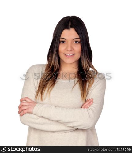 Attractive girl smiling with crossed arms isolated on white background
