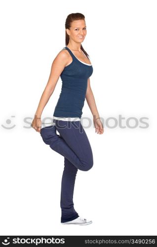 Attractive girl stretching isolated on white background
