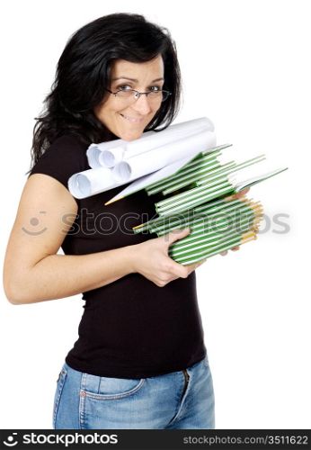 Attractive girl student by far work a over white background