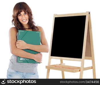 attractive girl student whit slate a over white background