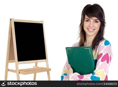 attractive girl student whit slate a over white background