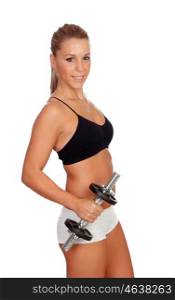 Attractive girl training with dumbbells hat isolated on a white background