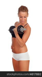 Attractive girl training with dumbbells isolated on a white background