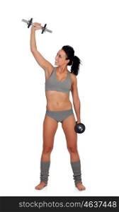 Attractive girl training with dumbbells isolated on a white background