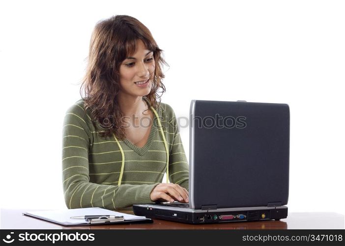 Attractive girl whit computer a over white background