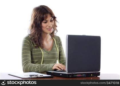 Attractive girl whit computer a over white background
