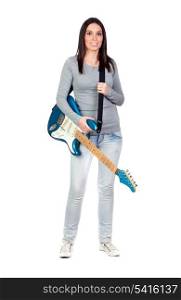 Attractive girl with a blue electric guitar isolated on white background