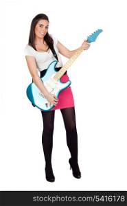 Attractive girl with a blue electric guitar isolated on white background