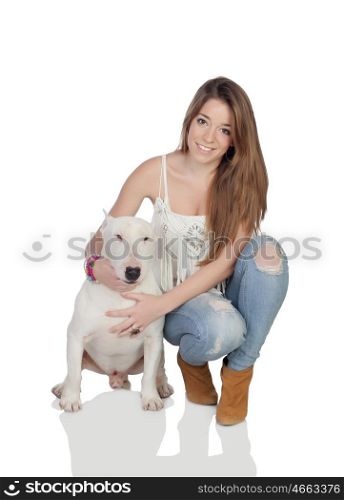 Attractive girl with a bullterrier dog isolated on a over white background