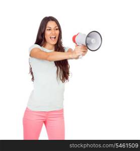 Attractive girl with a megaphone isolated on a white background