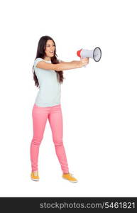 Attractive girl with a megaphone isolated on a white background