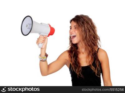Attractive girl with a megaphone isolated on a white background