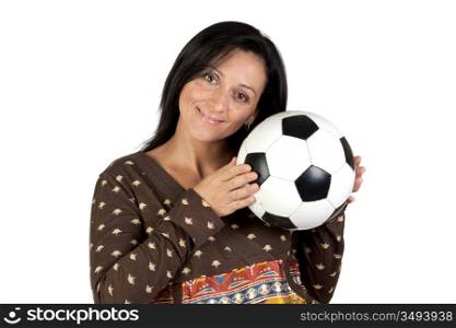 Attractive girl with a soccer ball isolated on white background