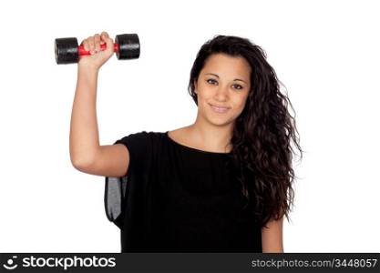 Attractive girl with a weight training isolated on white background