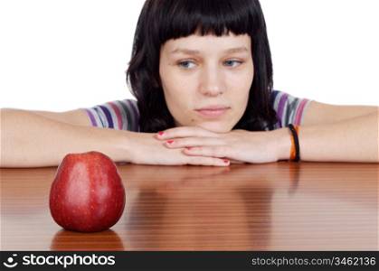 attractive girl with apple making a diet boring - focus in the apple -