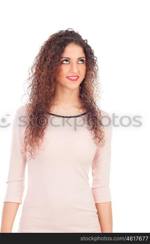 Attractive girl with big eyes looking up isolated on a white background