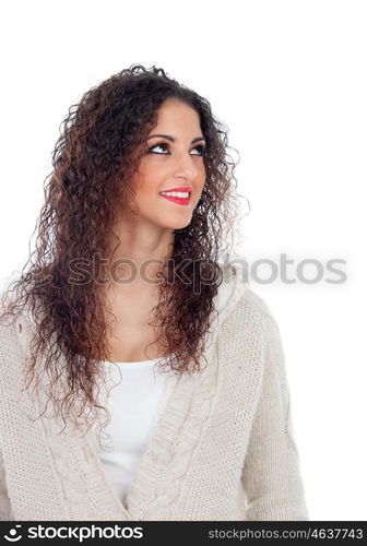 Attractive girl with big eyes looking up isolated on a white background