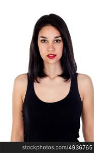 Attractive girl with black t-shirt isolated on a white background