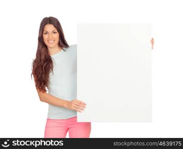 Attractive girl with blank placard isolated on a white background