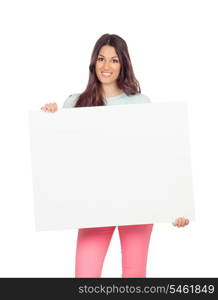 Attractive girl with blank placard isolated on a white background