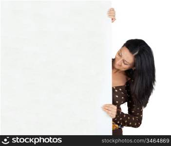 Attractive girl with blank poster isolated on white background