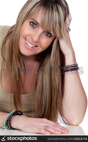 Attractive girl with blond hair isolated on white background