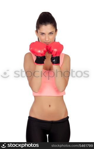 Attractive girl with boxing gloves isolated on a white background